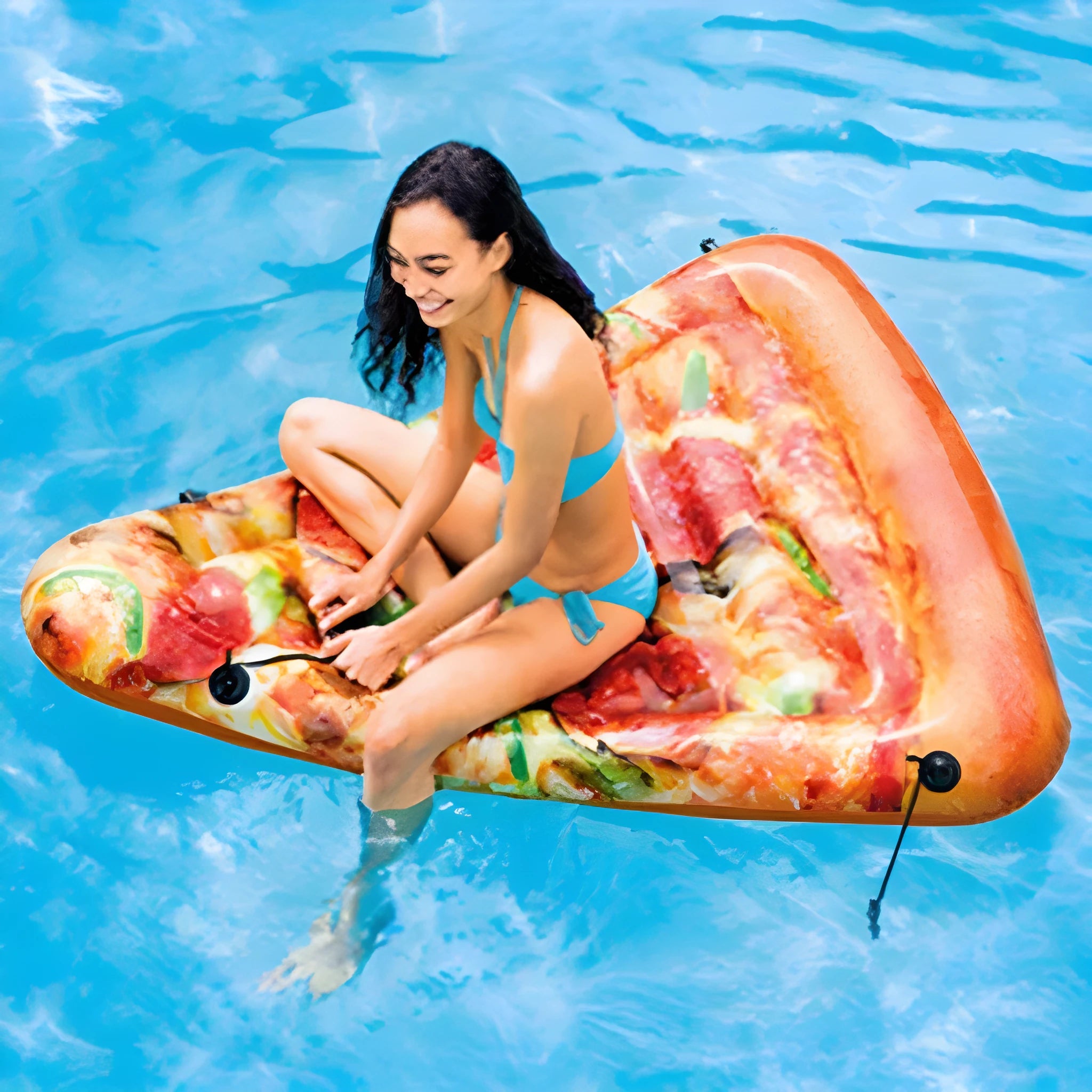 Large red and yellow inflatable pizza slice on a surfboard design, floating on water.