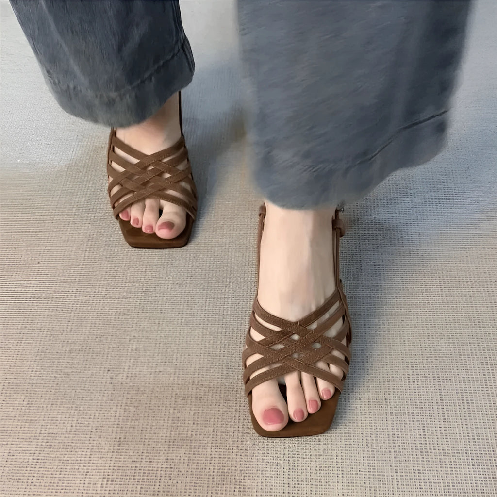 Retro thin strap high heel sandals with square toe and ankle buckle in light brown colour