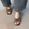 Retro thin strap high heel sandals with square toe and ankle buckle in light brown colour