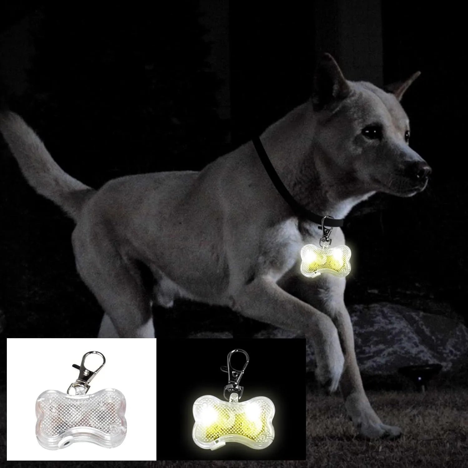 Plastic bone-shaped LED pendant for pet collars in multiple colours with three light modes