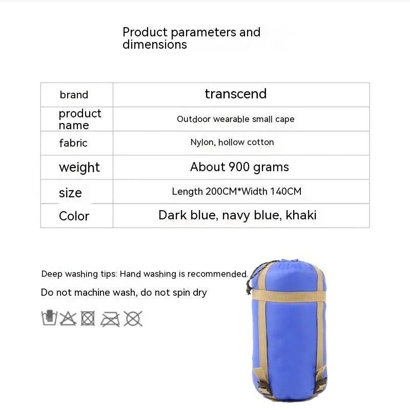 Army green outdoor cloak sleeping bag convertible to wearable blanket for camping