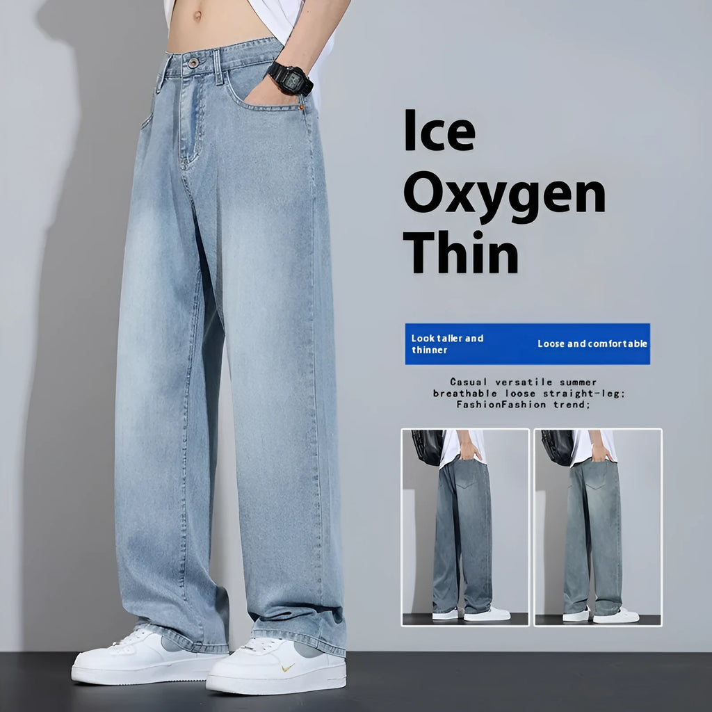 Straight-leg casual trousers in thin ice silk denim fabric shown in UK2560 blue colour.