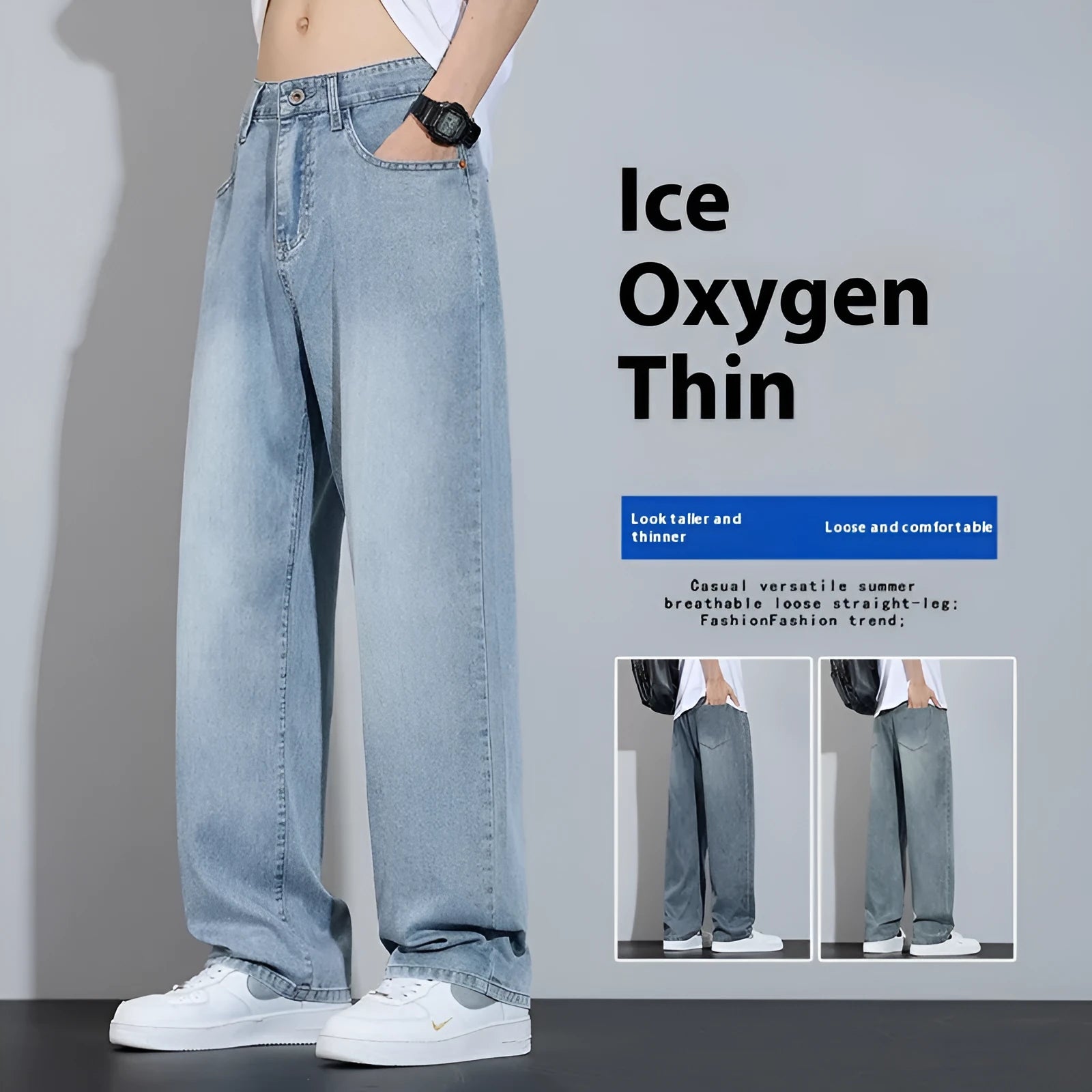 Straight-leg casual trousers in thin ice silk denim fabric shown in UK2560 blue colour.