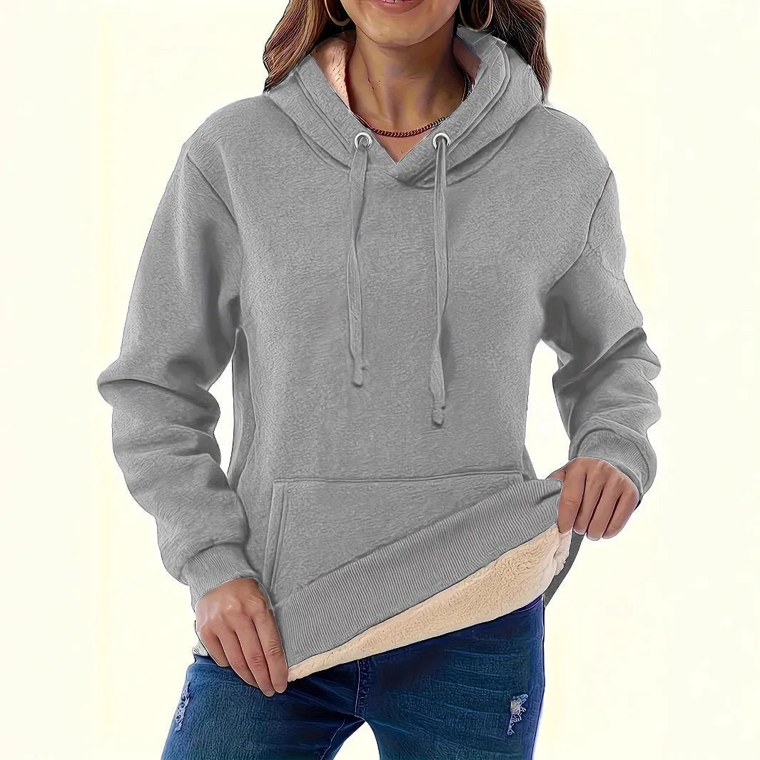 Women's thick polyester hooded sweater in wine red with a 3D pattern, hood, and front pockets.