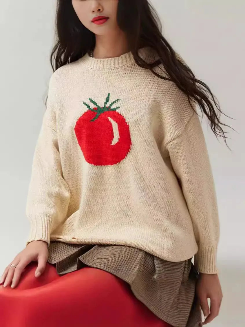 Women's milky white acrylic Jacquard knit pullover sweater with a loose fit and round neck
