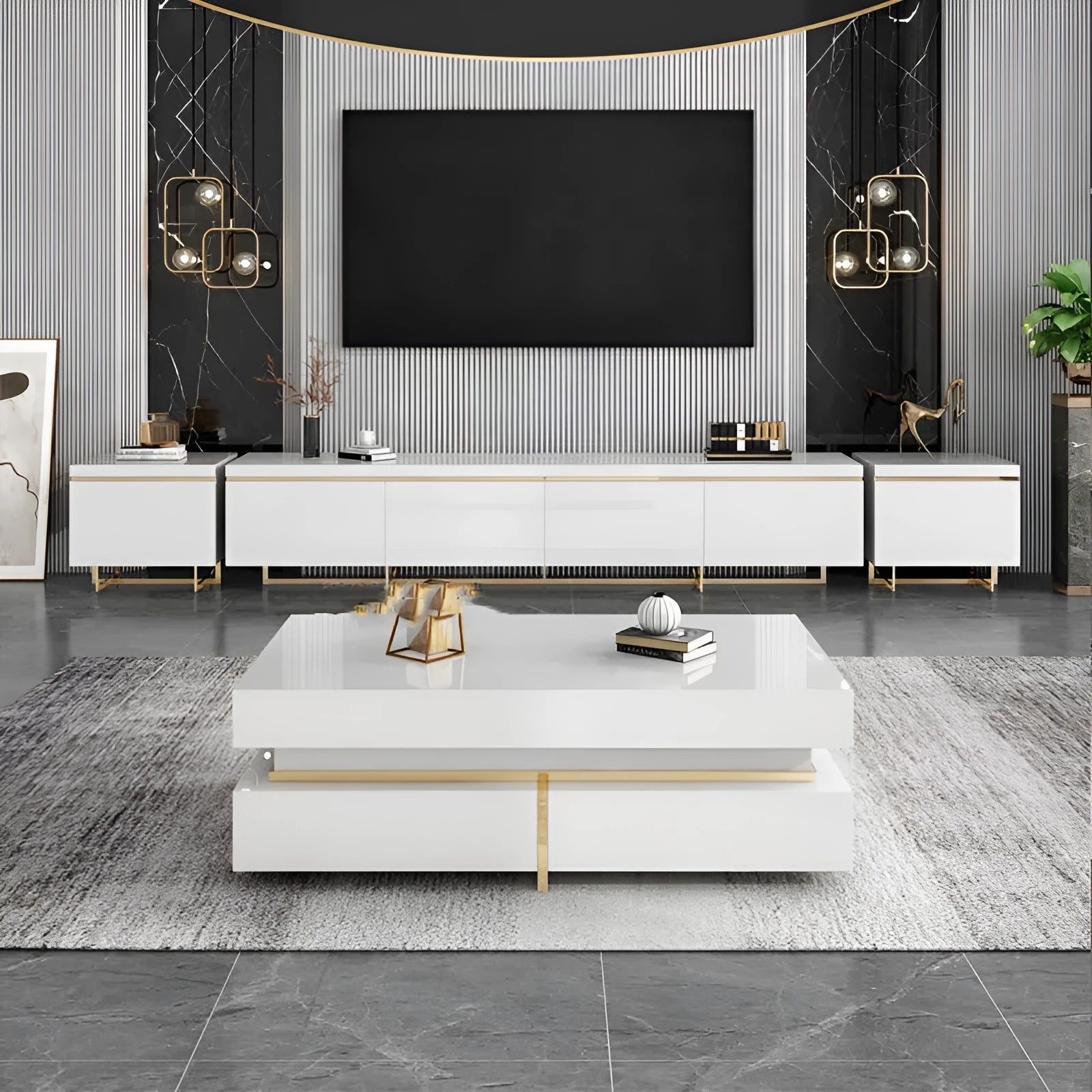 Modern minimalist tempered glass TV cabinet and coffee table set with baking paint finish in a living room