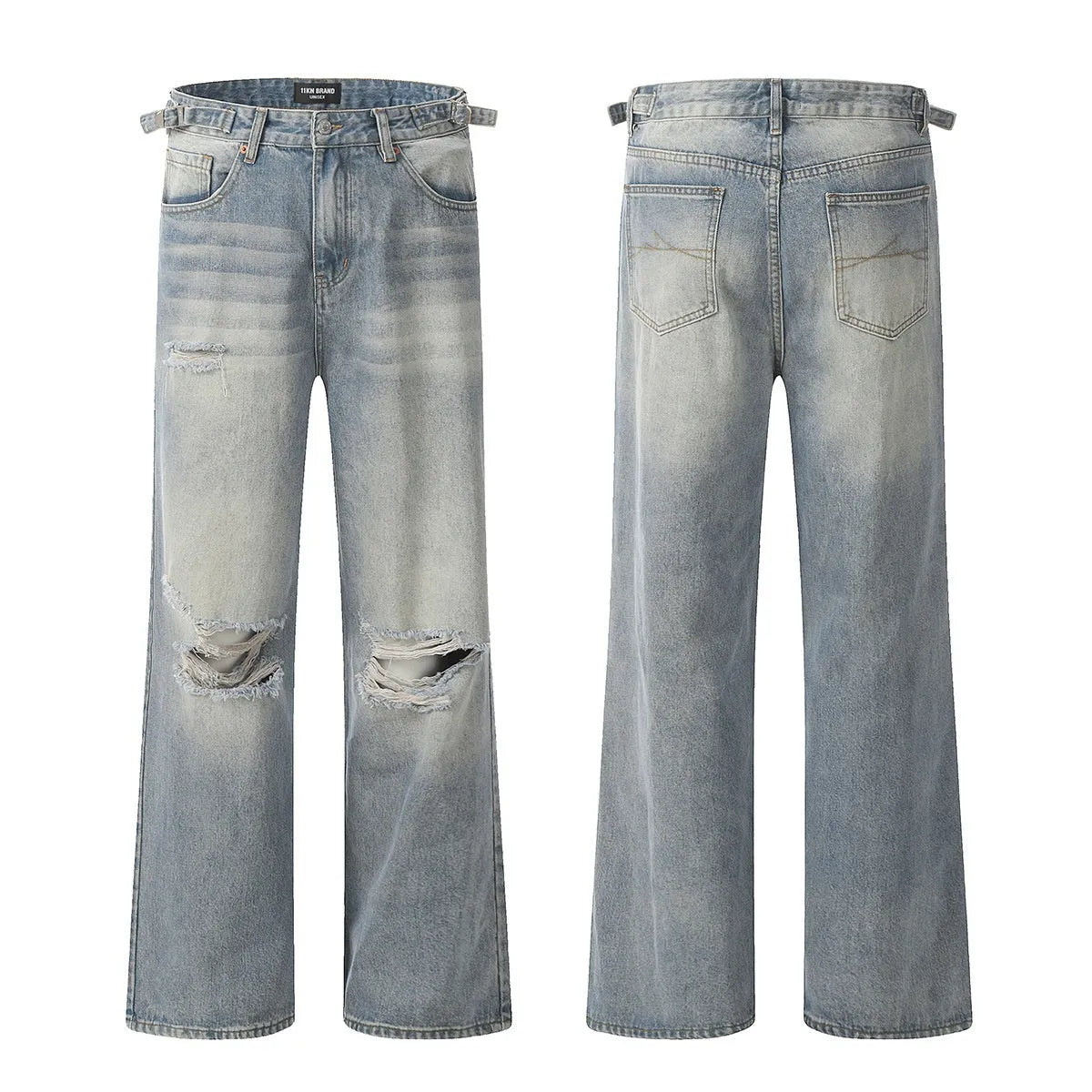 Blue men's straight-leg ripped jeans on a neutral background, showing the cotton blend fabric and zipper fly detail.