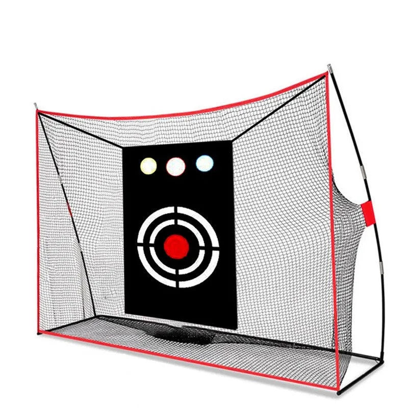 Golf swing wedge training net with 3-hole target, straw mat, practice balls and accessories