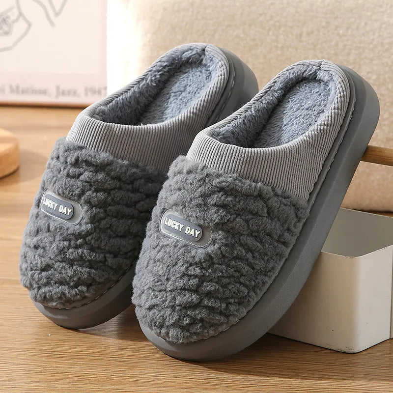 Men's grey and brown plaid rabbit hair slippers with a thick sole and wool lining