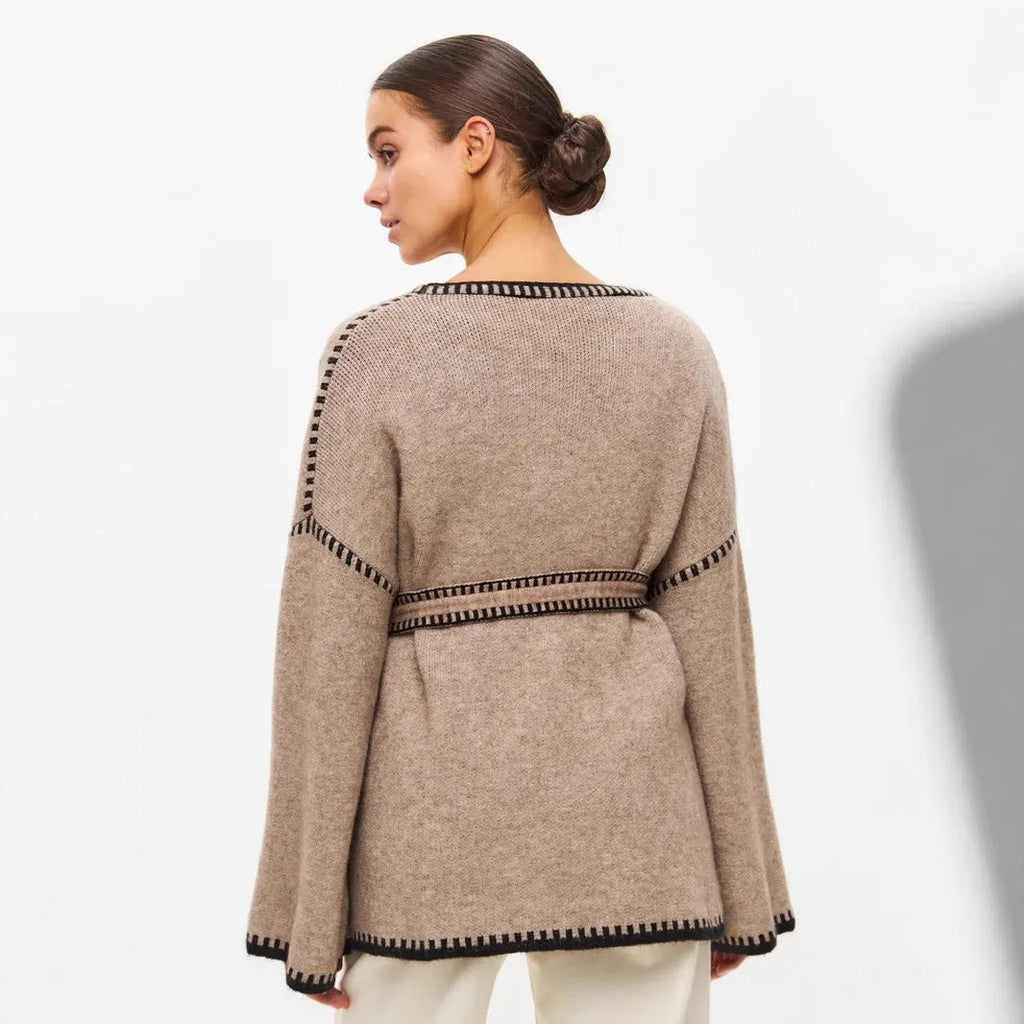 Loose lace-up front knitted cardigan in black, camel, or white colours