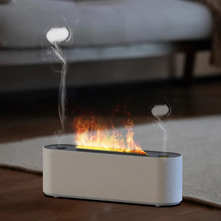 Black Flame Air ultrasonic humidifier diffuser emitting cool mist with a multi-colour LED flame light effect at its base.