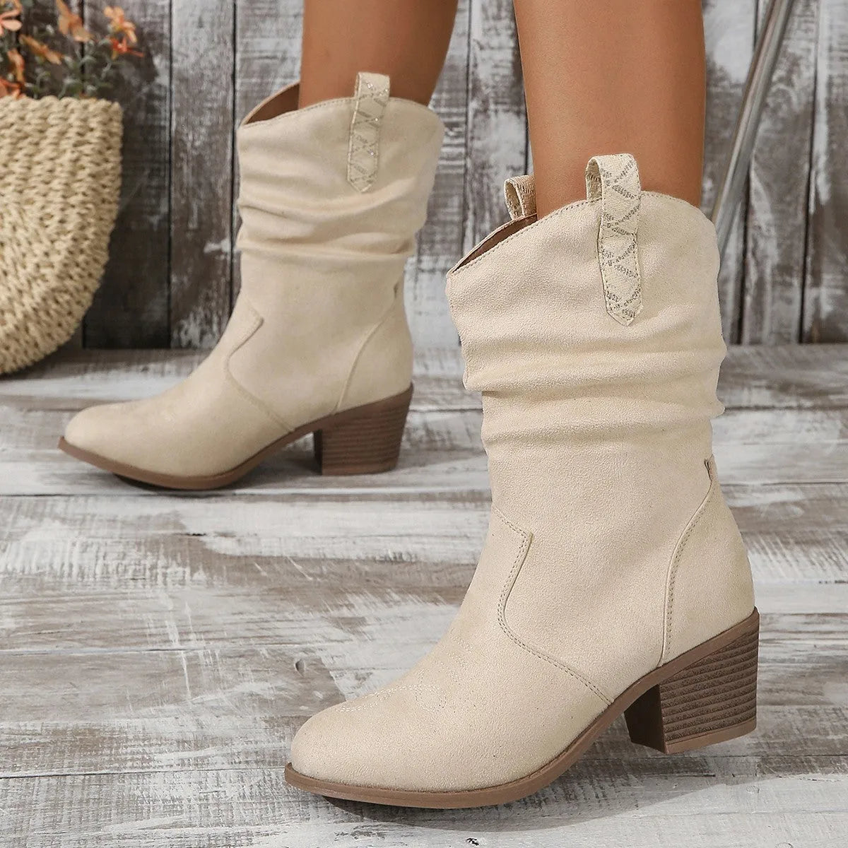 Women's suede mid-calf boots with leather stitching detail and chunky heel in Milky White colour