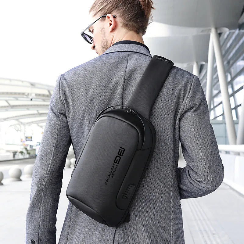 Men's black Oxford cloth shoulder bag with USB charging port for business travel