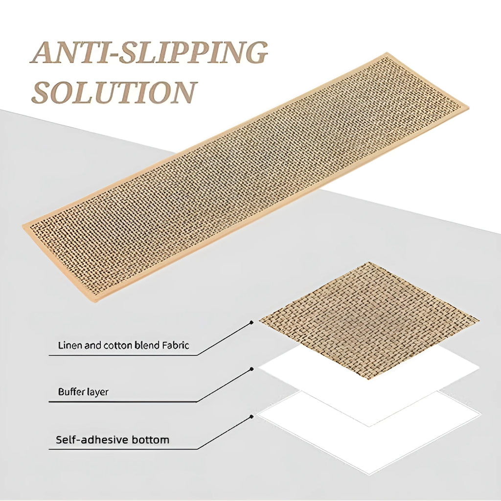 Japanese-style linen-look stair runner mat in camel colour on a wooden step.