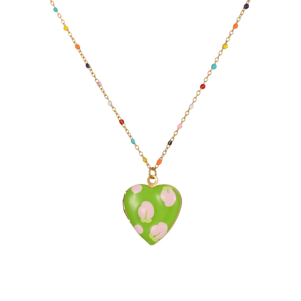 Gold plated fruit charm necklace with heart-shaped pendant on adjustable stainless steel chain
