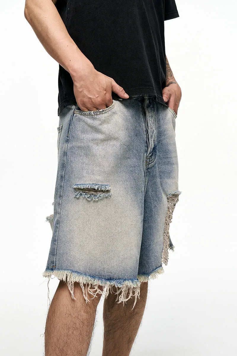 Light blue retro washed men's baggy denim shorts with wide leg fit