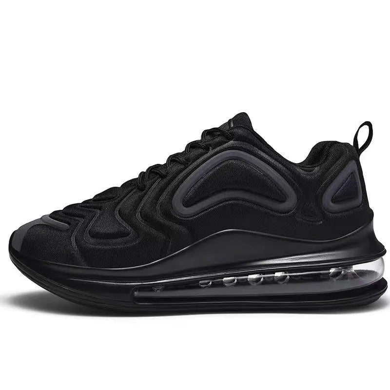 Men's black lace-up sneakers with air cushion technology and thick sole for running