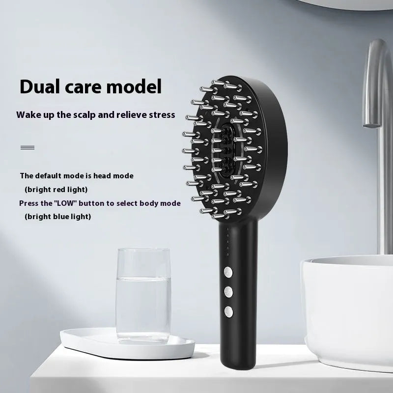Black handheld scalp massage device with adjustable vibration settings and USB charging port