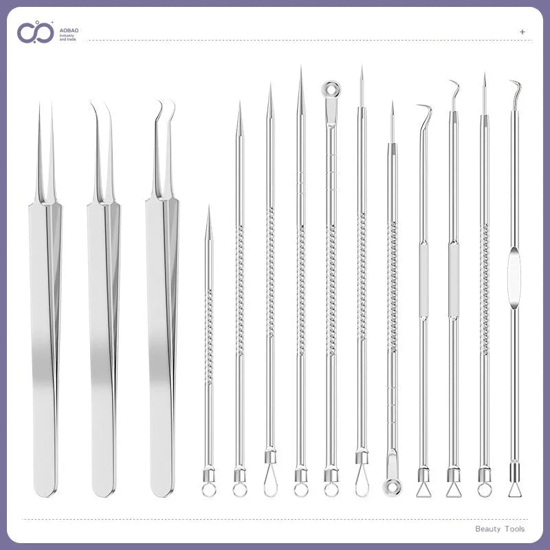 Four ultra fine metal acne needles and a metal acne clip laid out on a surface.