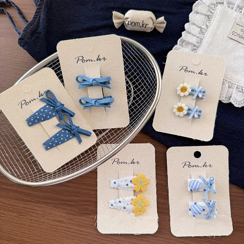 Children's fabric hair clips set with five bow styles triangle and duckbill barrettes