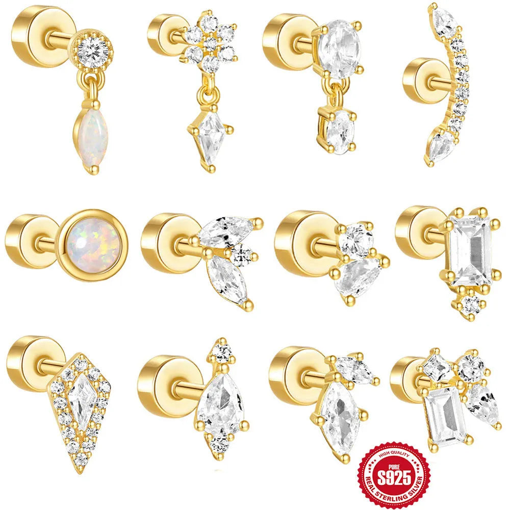 S925 sterling silver flat column threaded cartilage ear bone stud in gold finish.