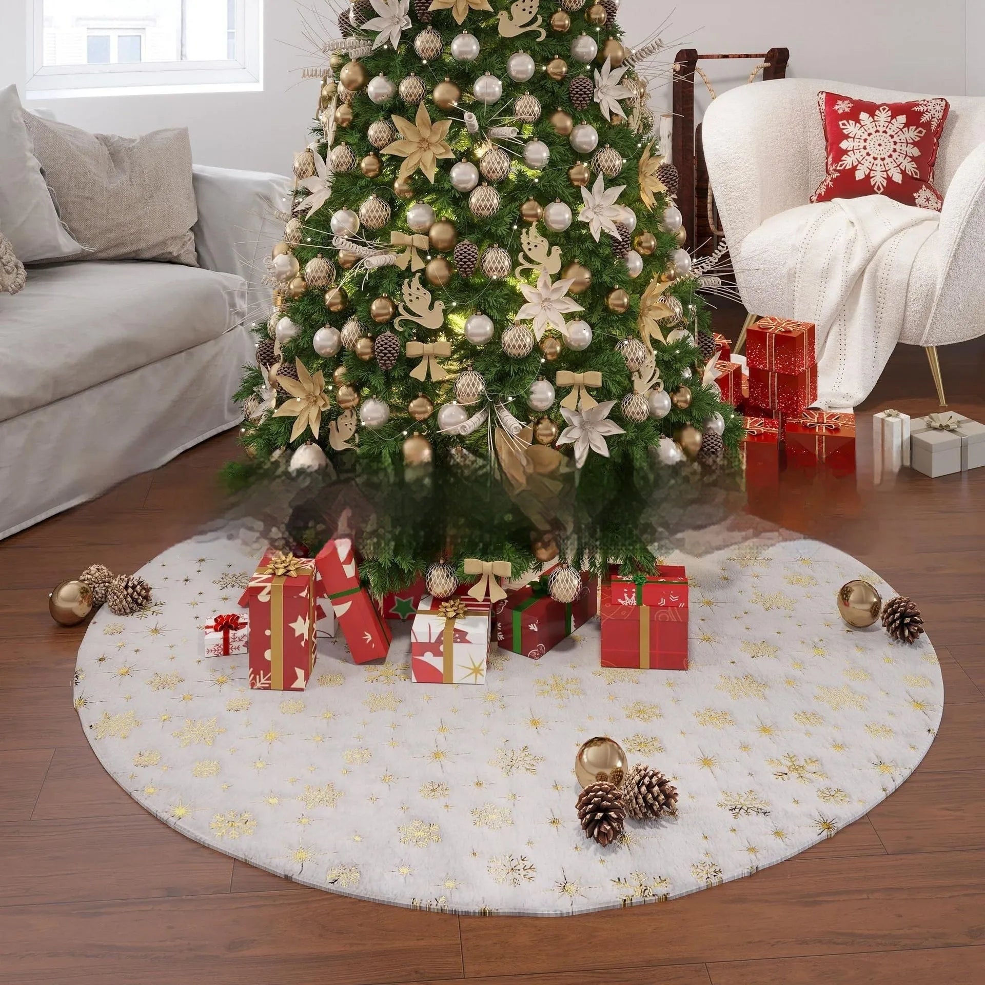 Christmas tree plush group mat with snowflake and cedar decorative designs in multiple sizes