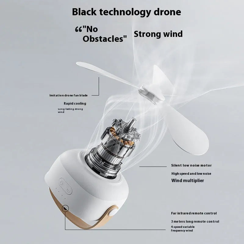 Small white rechargeable ceiling fan with remote control and wire bracket for camping tents