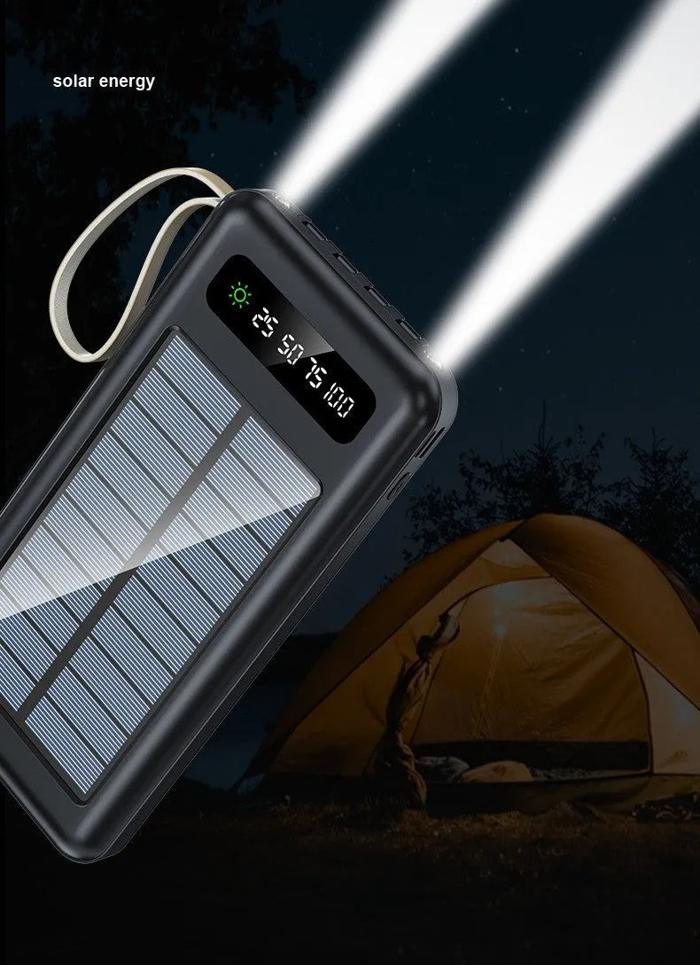 Solar power bank in black or white with 20000mA or 30000mA capacity measuring 144mm by 68mm