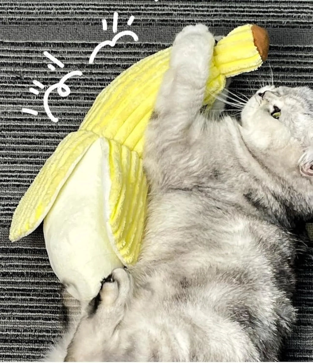 Yellow banana shaped plush cat toy with crinkle sound paper inside.