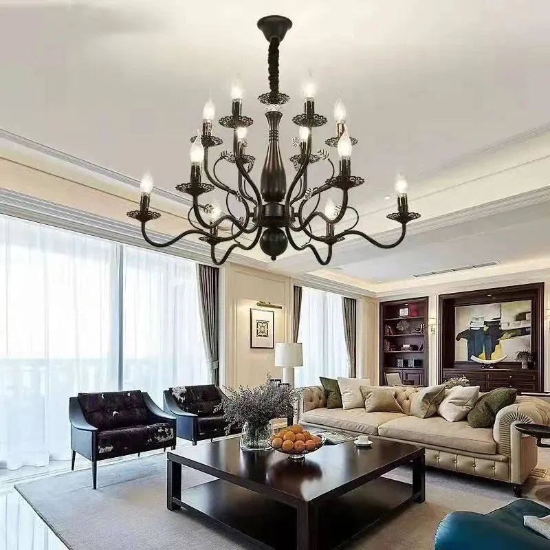 American wrought iron crystal chandelier with multiple lights in black finish for living room
