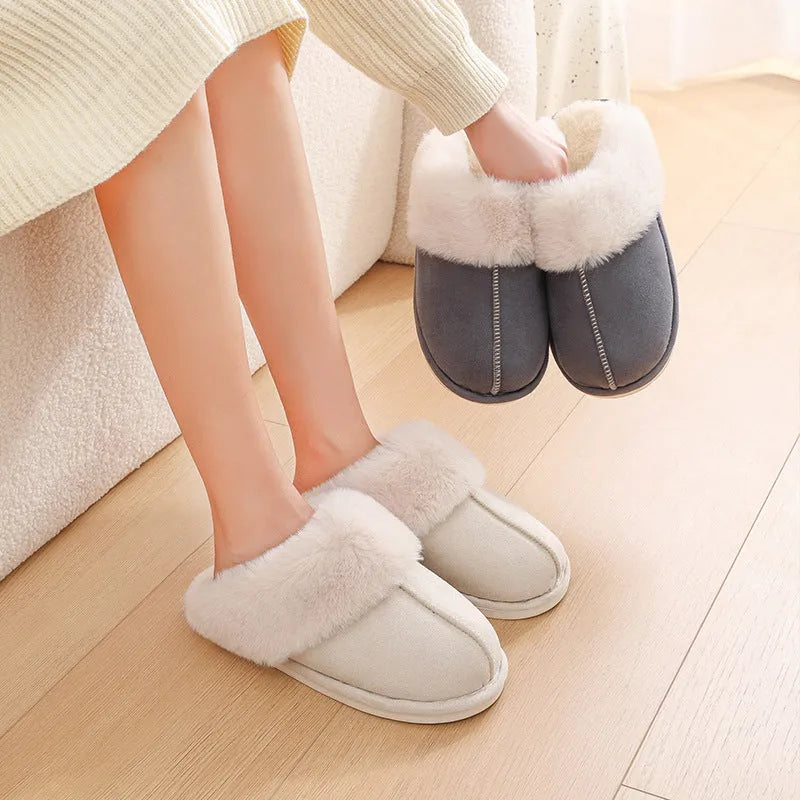 Women's indoor plush slippers in round-toe design with cotton upper and PVC anti-slip soles