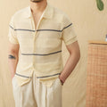 Men's camel coloured lapel collar short sleeve cardigan made from linen and cotton blend fabric