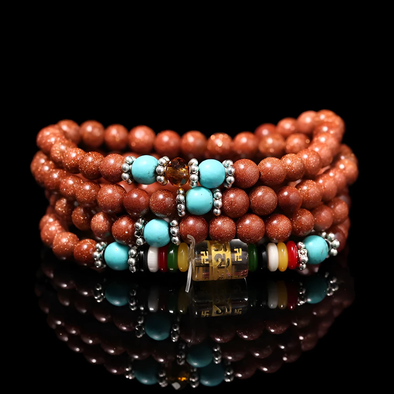 Golden star stone nugget sand bracelet with six words mantra and fu character design