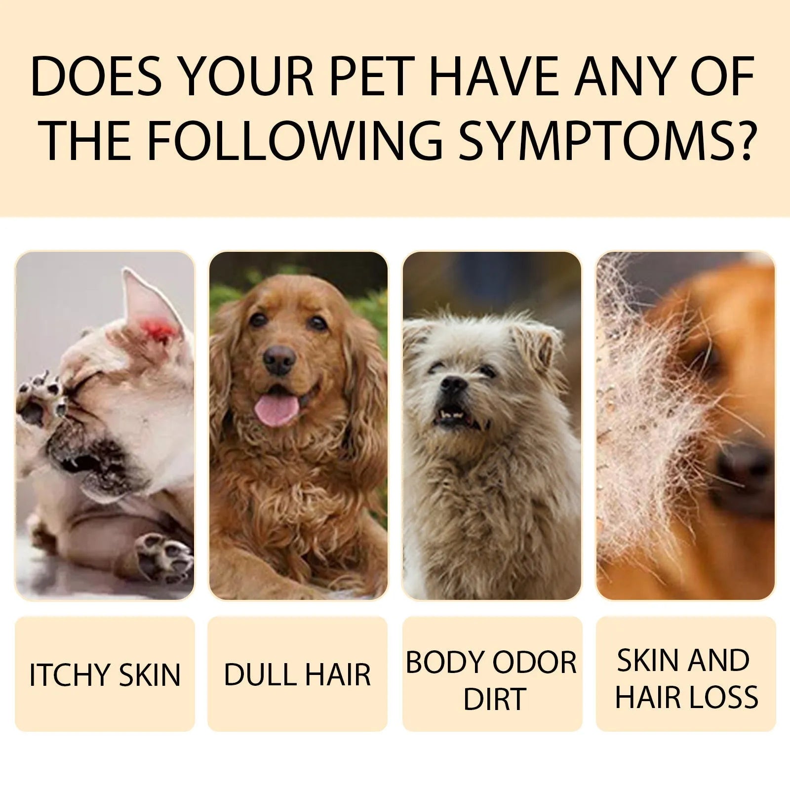 Bottle of mild pet shampoo for dogs and cats, available in 100ml and 300ml sizes.