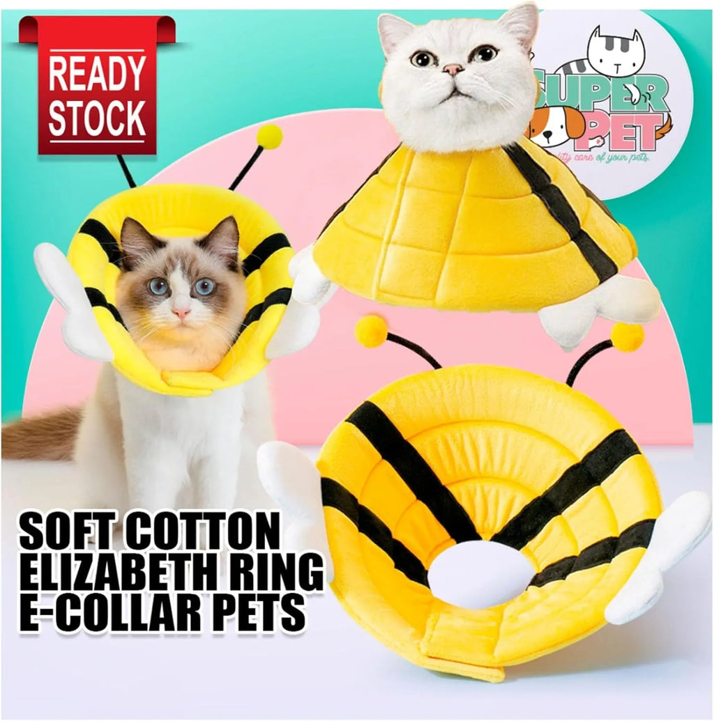 Soft white cat cone collar with a black and yellow bee design and Velcro closure.
