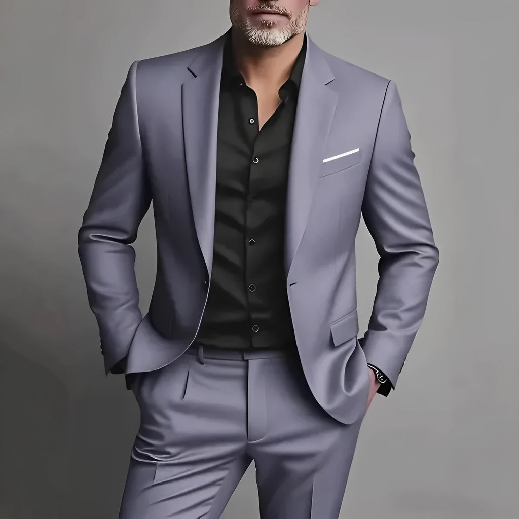 Men's slim fit cotton blend two-piece suit set in black with jacket and trousers on a hanger