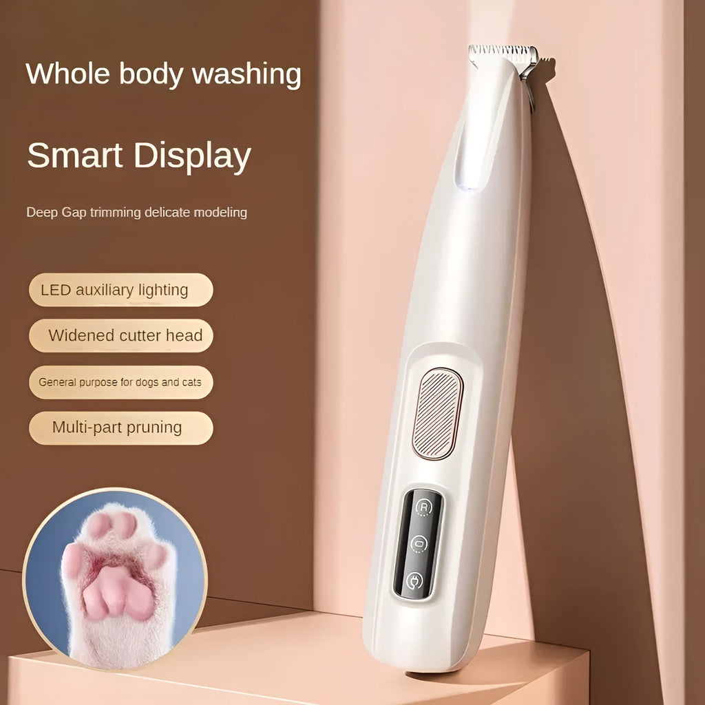 White dog paw trimmer with LED light and 18mm blade for quiet grooming