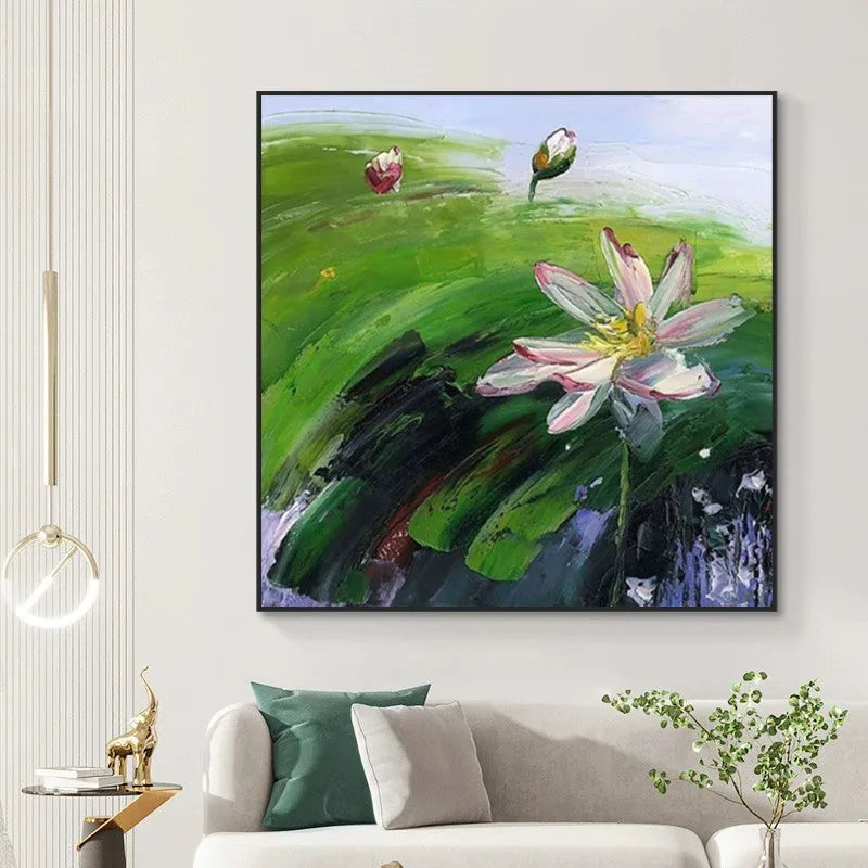 Hand-painted abstract rural landscape oil painting with lotus flowers on square canvas, modern style