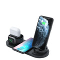 Black and white 6-in-1 wireless charging mobile phone holder with AirPods and iWatch charging ports