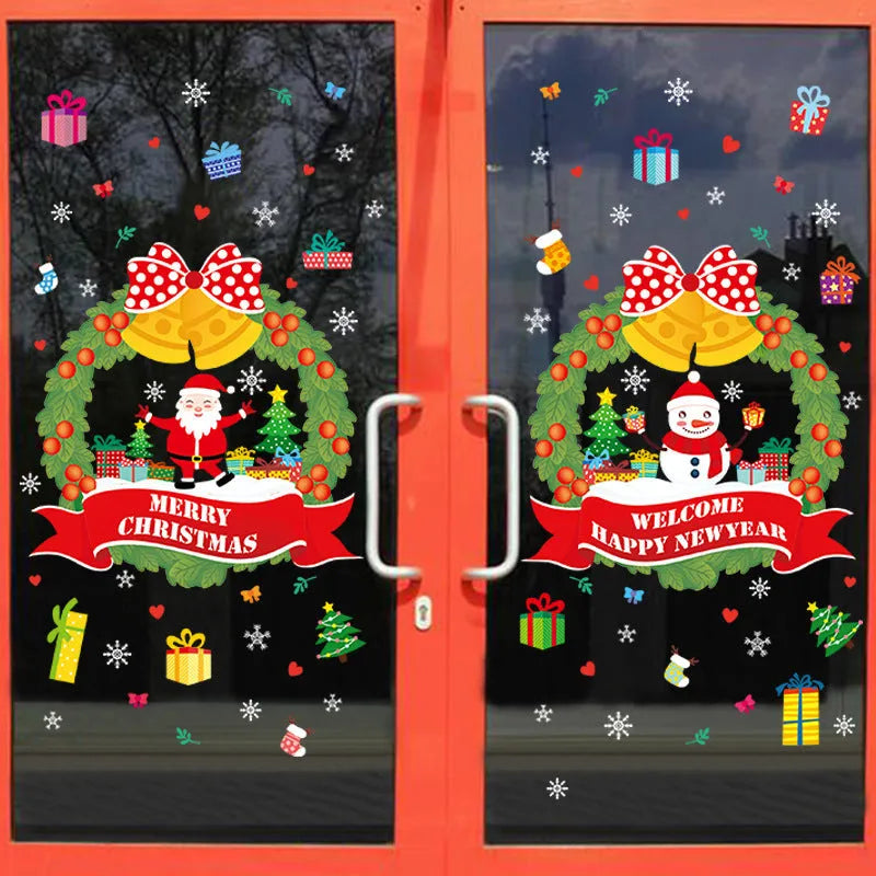 Non-adhesive electrostatic Christmas wall sticker set showing colourful cartoon design on window