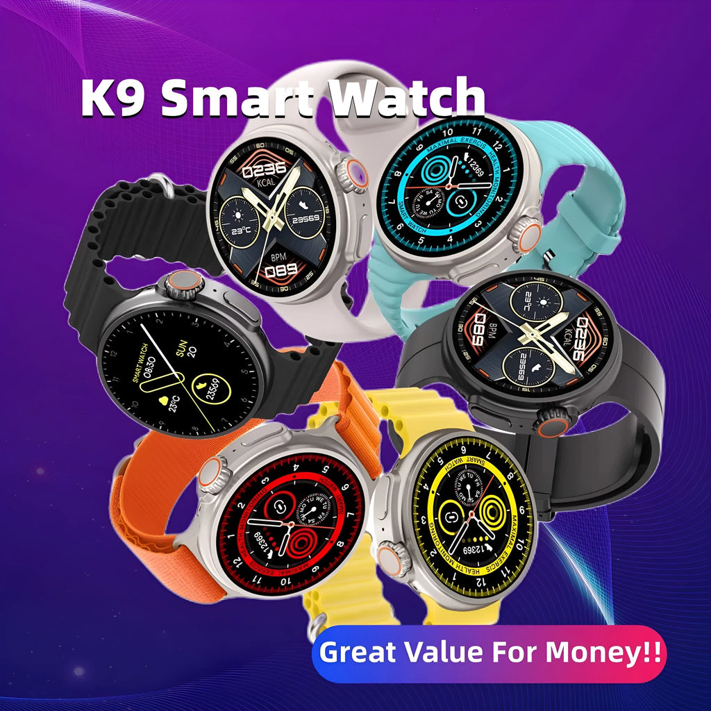 K9 smartwatch with round screen on silicone strap, showing health stats and NFC payment icon.