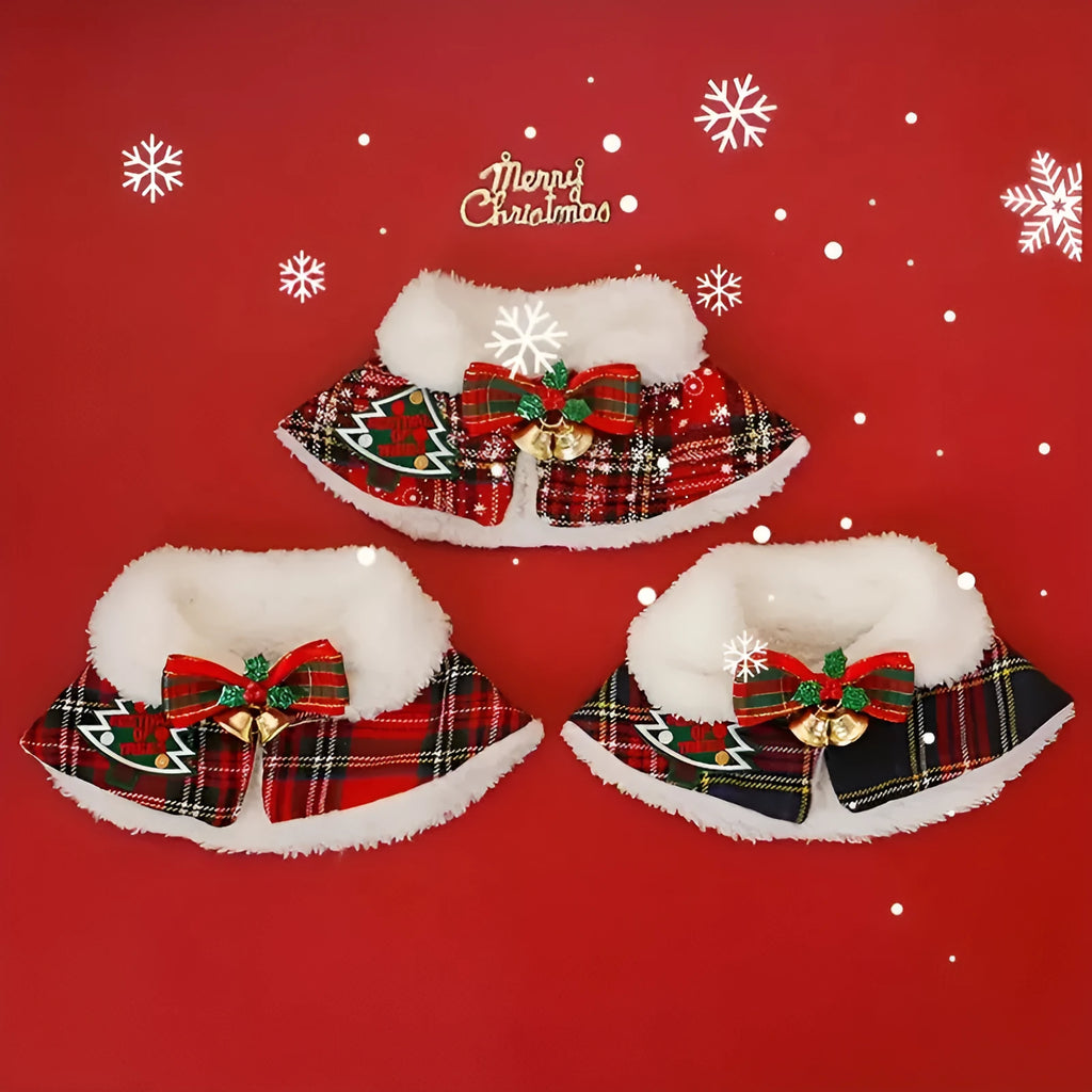 Christmas pet cloak scarf for cats and dogs with seasonal bell pattern in blue background