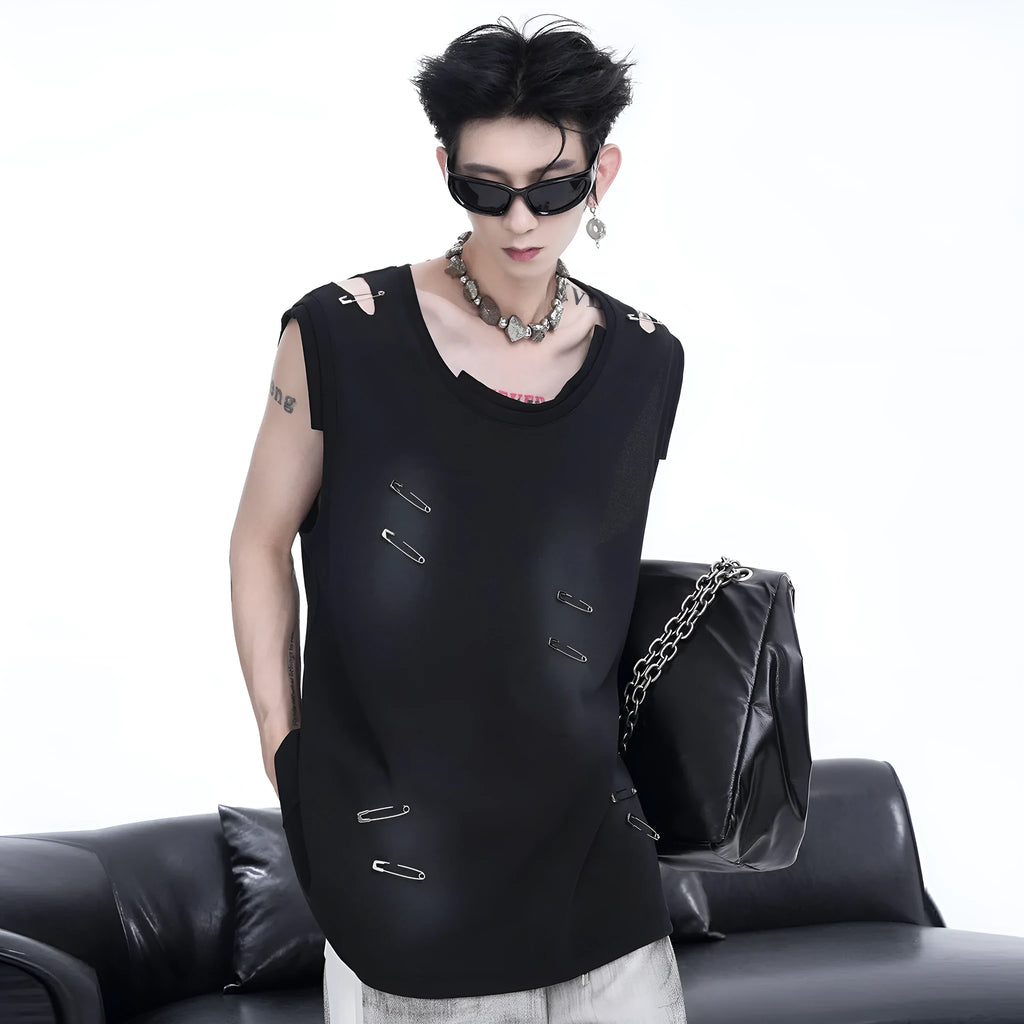 Men's black sleeveless vest waistcoat with an irregular ripped cut design and round neck collar