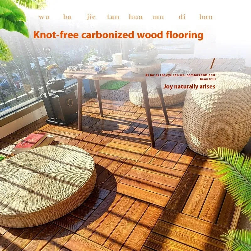 Interlocking camphor pine wooden flooring tile measuring 30x30cm with a brushed surface.
