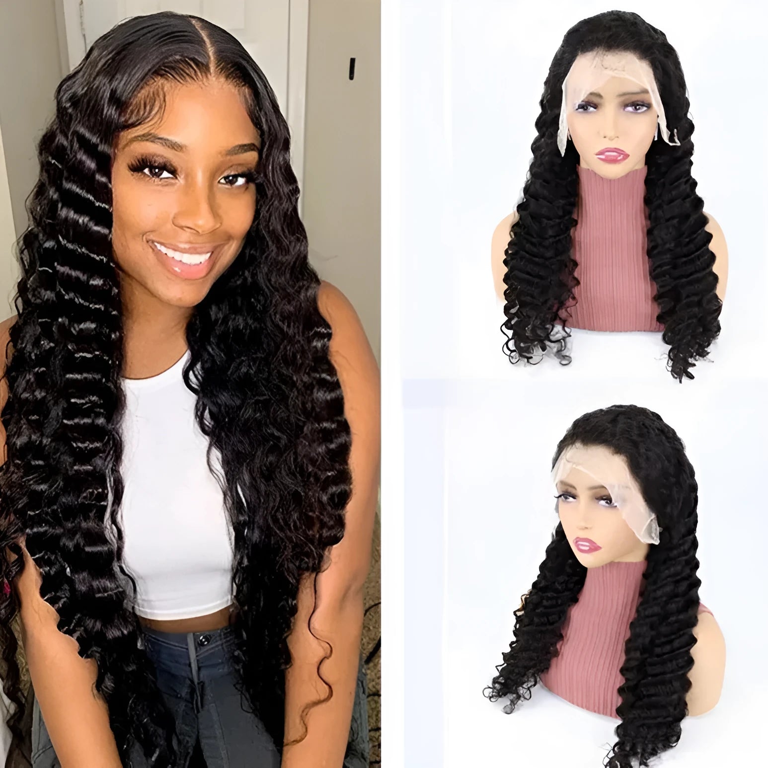 Human hair half lace front wig showing natural hairline and length options from 18 to 34 inches