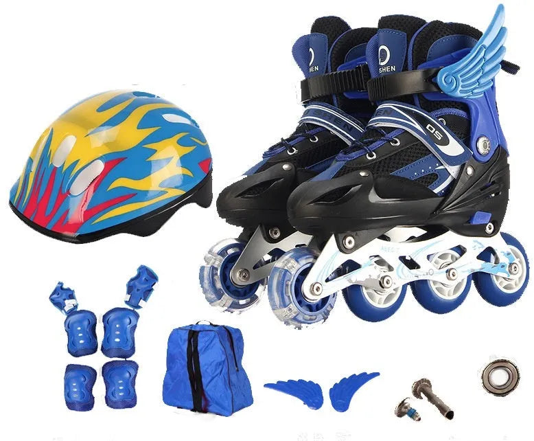 Colourful adjustable children's roller skates with PU wheels, aluminium frame, and a full set of protective gear including helmet.