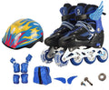 Colourful adjustable children's roller skates with PU wheels, aluminium frame, and a full set of protective gear including helmet.