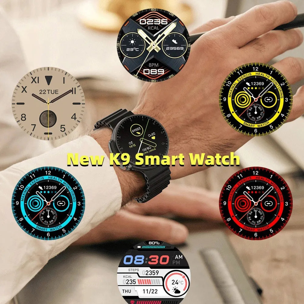 K9 smartwatch with round screen on silicone strap, showing health stats and NFC payment icon.