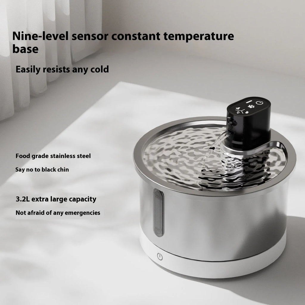 Stainless steel pet water fountain with heating base for cats and dogs