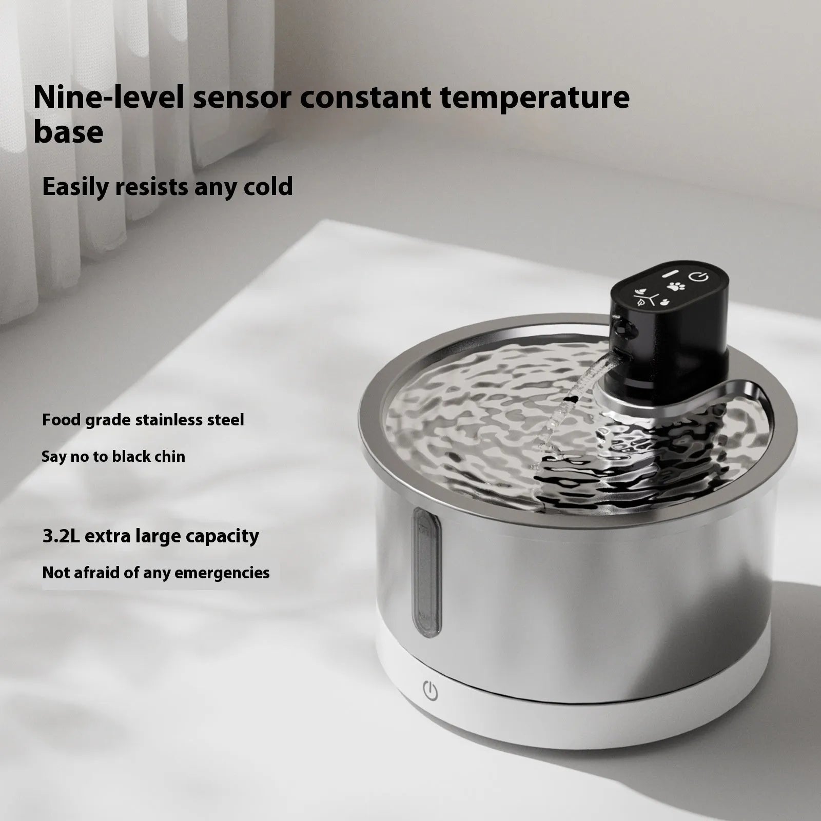 Stainless steel heated pet water fountain with nine-gear temperature control base